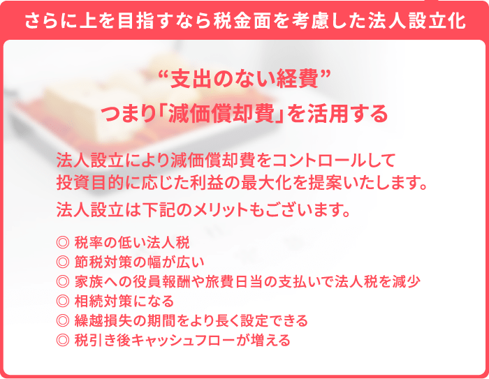 さらに上を目指すなら税金面を考慮した法人設立化：“支出のない経費”つまり「減価償却費」を活用する、法人設立により減価償却費をコントロールして投資目的に応じた利益の最大化を提案いたします。法人設立は下記のメリットもございます。◎税率の低い法人税◎ 節税対策の幅が広い◎家族への役員報酬や旅費日当の支払いで法人税を減少◎相続対策になる◎繰越損失の期間をより長く設定できる◎税引き後キャッシュフローが増える（モバイル）