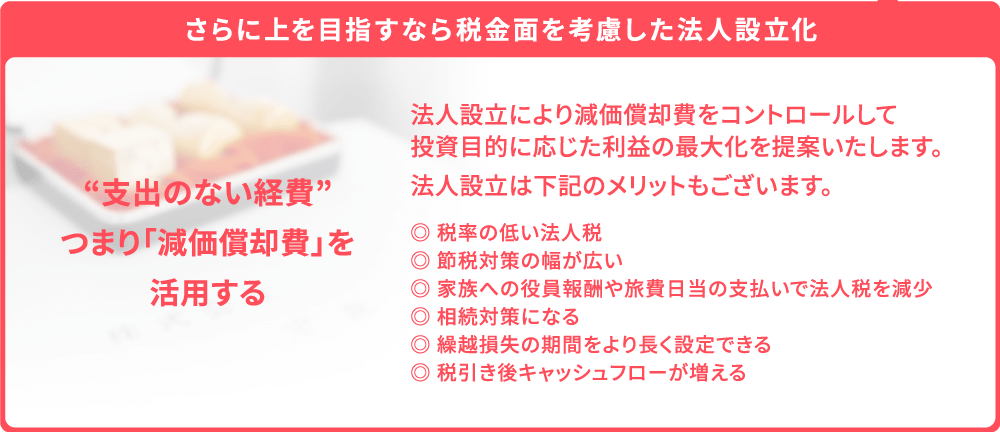 さらに上を目指すなら税金面を考慮した法人設立化：“支出のない経費”つまり「減価償却費」を活用する、法人設立により減価償却費をコントロールして投資目的に応じた利益の最大化を提案いたします。法人設立は下記のメリットもございます。◎税率の低い法人税◎ 節税対策の幅が広い◎家族への役員報酬や旅費日当の支払いで法人税を減少◎相続対策になる◎繰越損失の期間をより長く設定できる◎税引き後キャッシュフローが増える（PC）